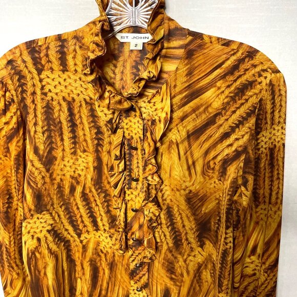 St. John Silk Blend Long Sleeve Ruffled Button Up Blouse Abstract Print Size 2 - Picture 3 of 8